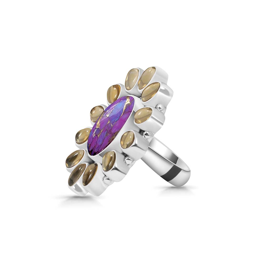 Purple Copper Turquoise And Citrine Flower Adjustable Ring-(TRC-FLR-2.)
